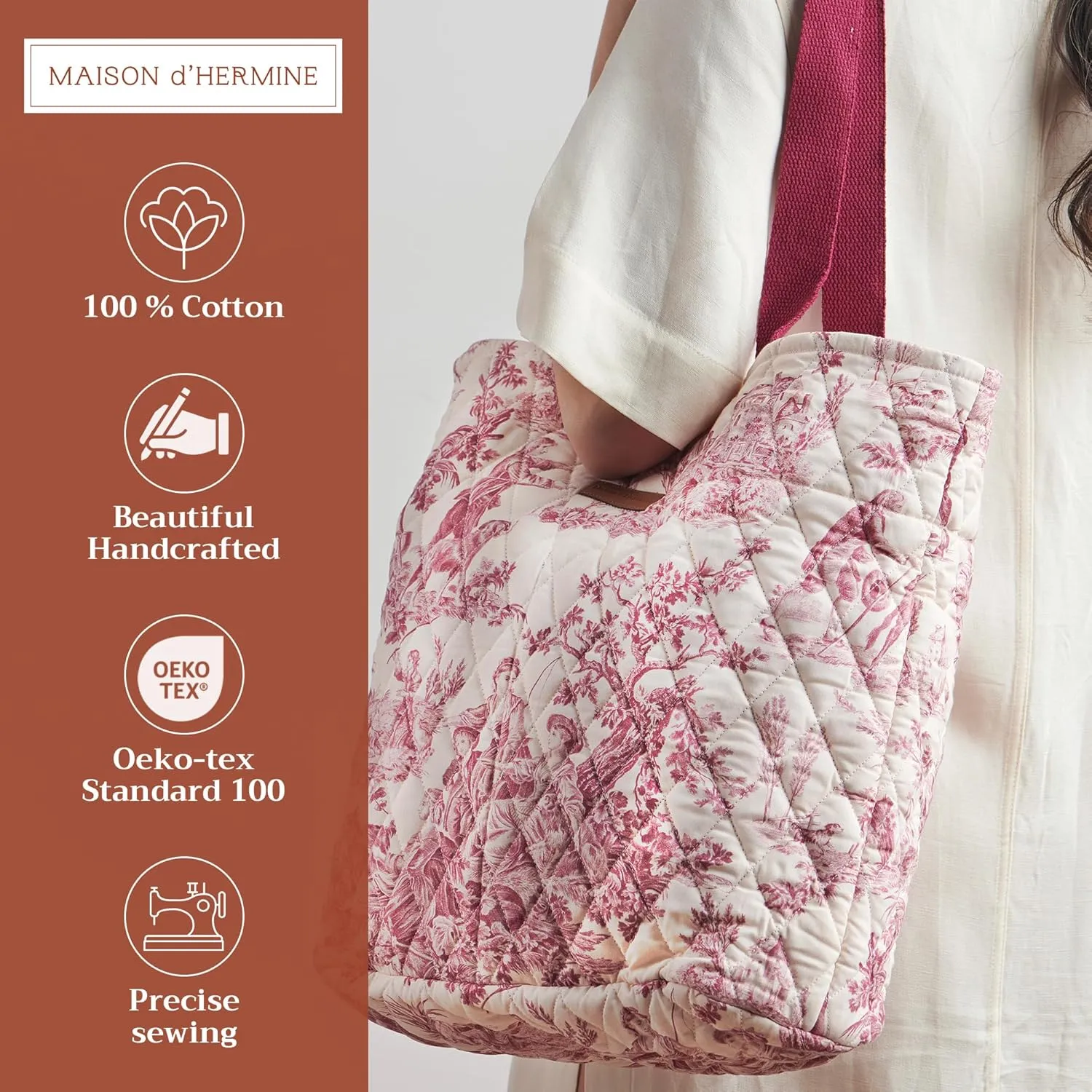 Maison d' Hermine Shopping Bag Cotton Quilted Tote Bag with Zipper Pockets & Small Pouch Grocery Bag for Work Travel Lunch