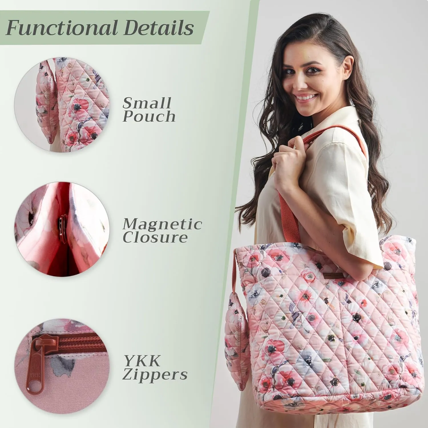 Maison d' Hermine Shopping Bag Cotton Quilted Tote Bag with Zipper Pockets & Small Pouch Grocery Bag for Work Travel Lunch