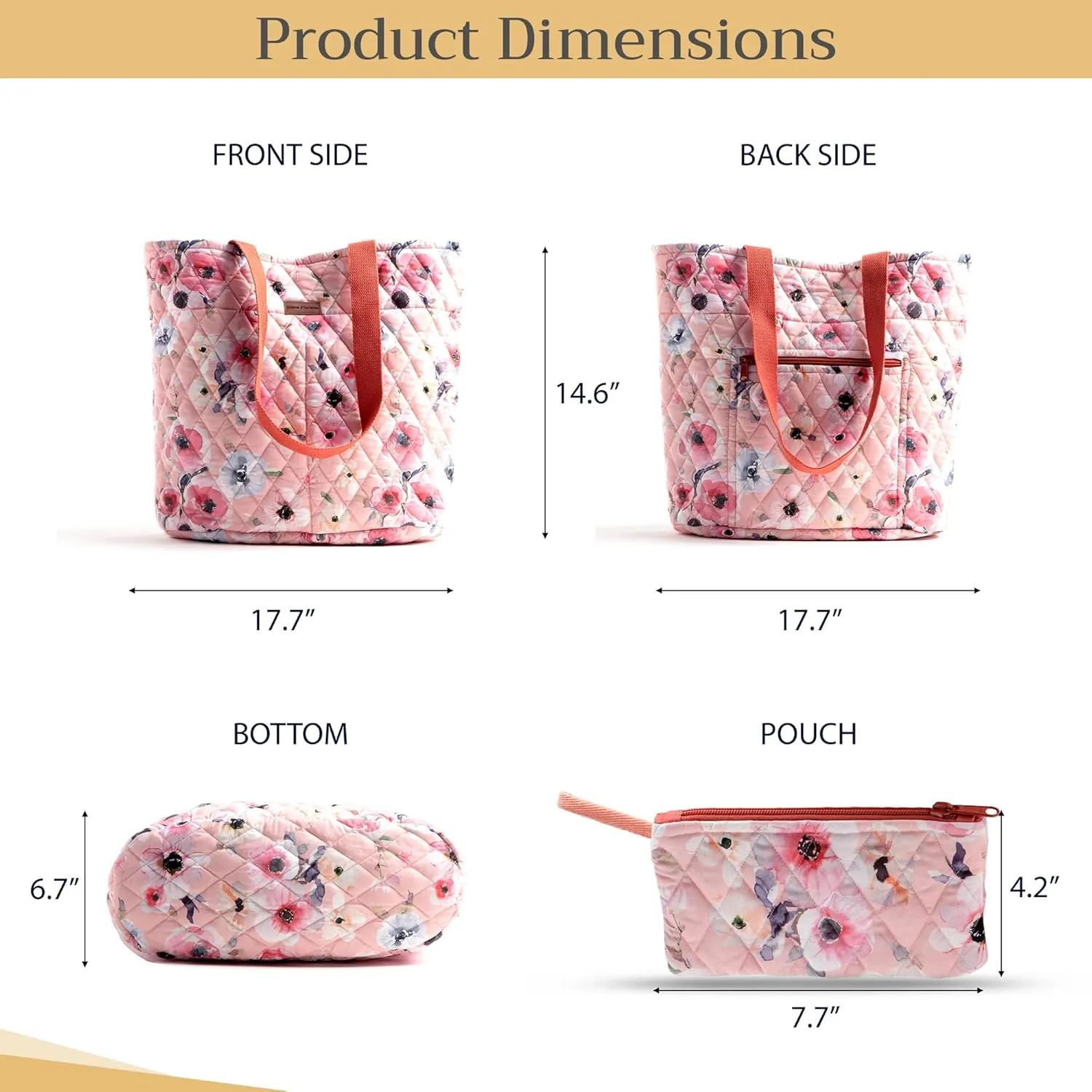 Maison d' Hermine Shopping Bag Cotton Quilted Tote Bag with Zipper Pockets & Small Pouch Grocery Bag for Work Travel Lunch