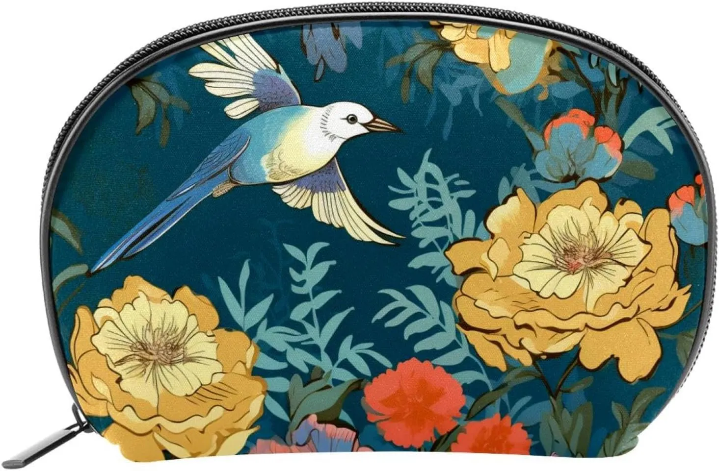 Makeup Bag Organizer,Cosmetic Bags for Women,Chinese Peonies Daisy Crane,Small Makeup Pouch