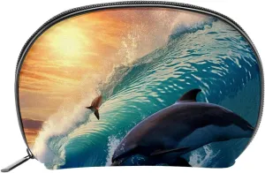 Makeup Bag Organizer,Cosmetic Bags for Women,Sea Wave Dolphins Swim Underwater,Small Makeup Pouch