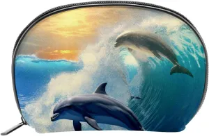 Makeup Bag Organizer,Cosmetic Bags for Women,Sea Wave Dolphins Swim Underwater,Small Makeup Pouch