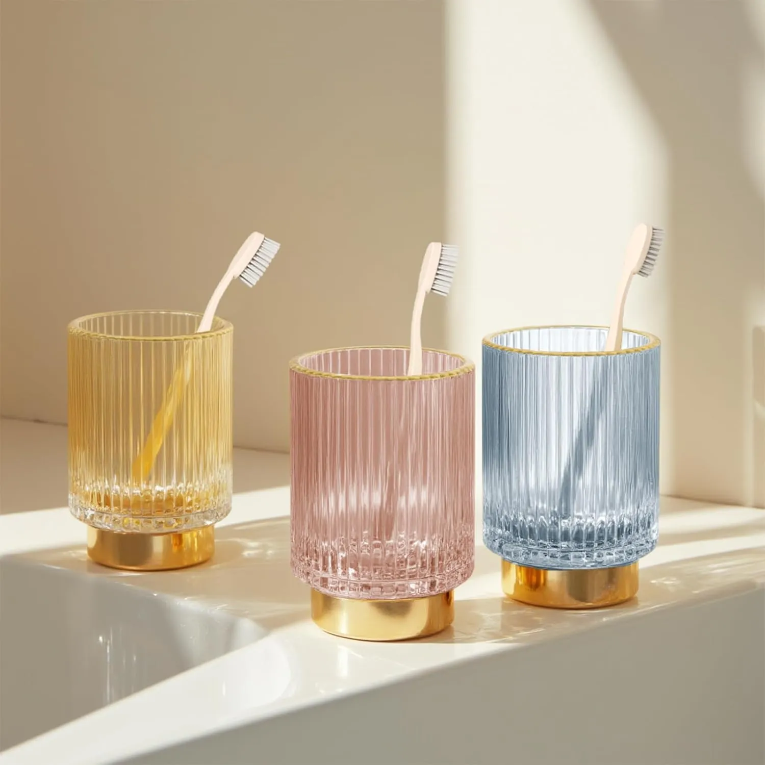 Makeup Brush holder Organizer, Crystal Glass Toothbrush Holders, Striped Make Up Brush Holder for Vanity, Pen Holder for Desk, Vase -Green (S L)