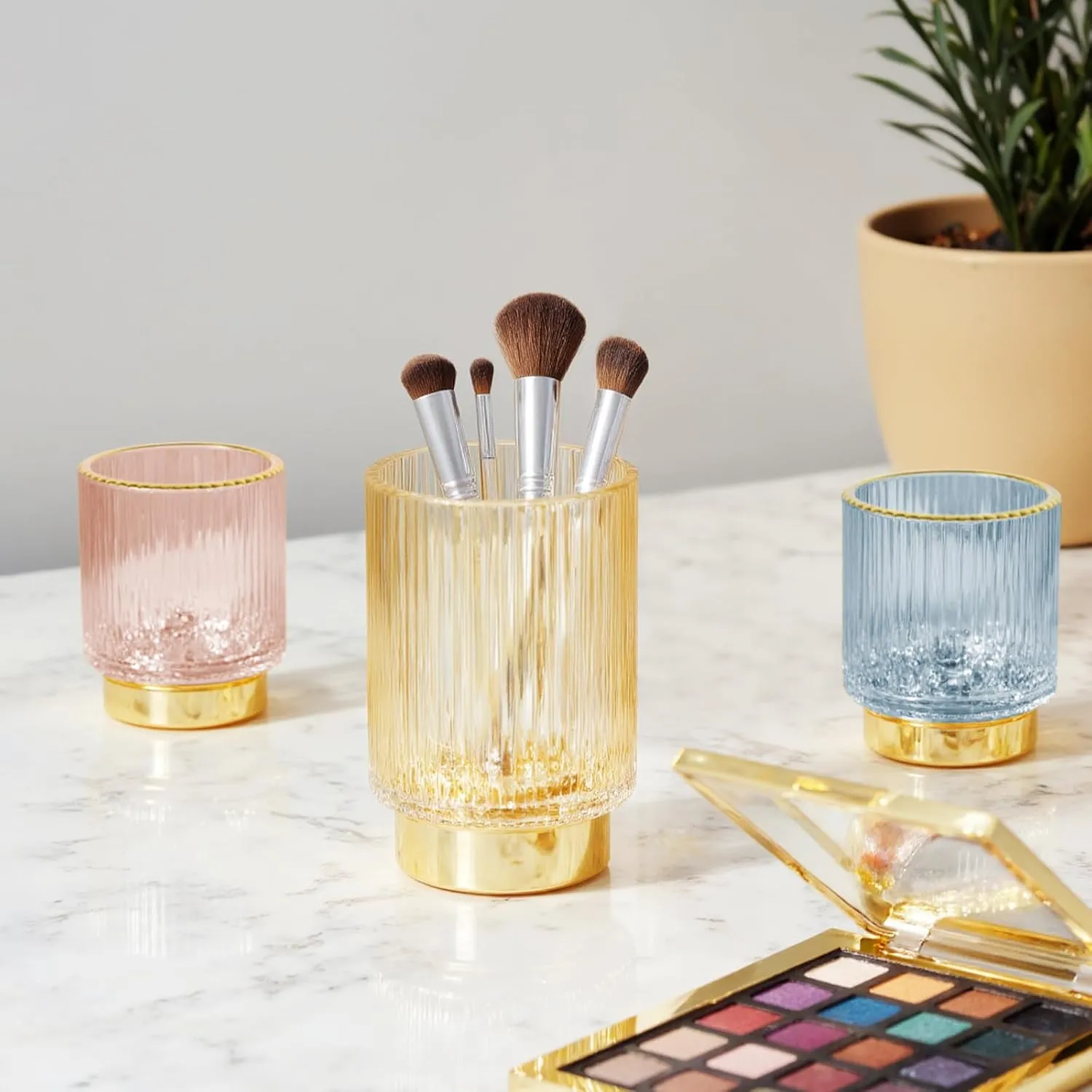 Makeup Brush holder Organizer, Crystal Glass Toothbrush Holders, Striped Make Up Brush Holder for Vanity, Pen Holder for Desk, Vase -Green (S L)
