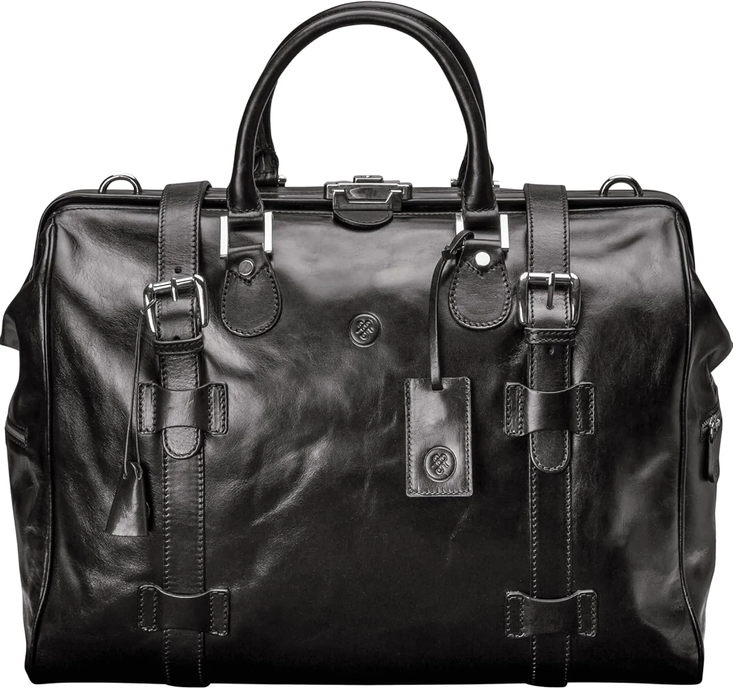 Maxwell Scott - Luxury Classic Leathe Gladstone Travel Bag with Key Lock and Double Buckle Strap - The Gassano Medium Black