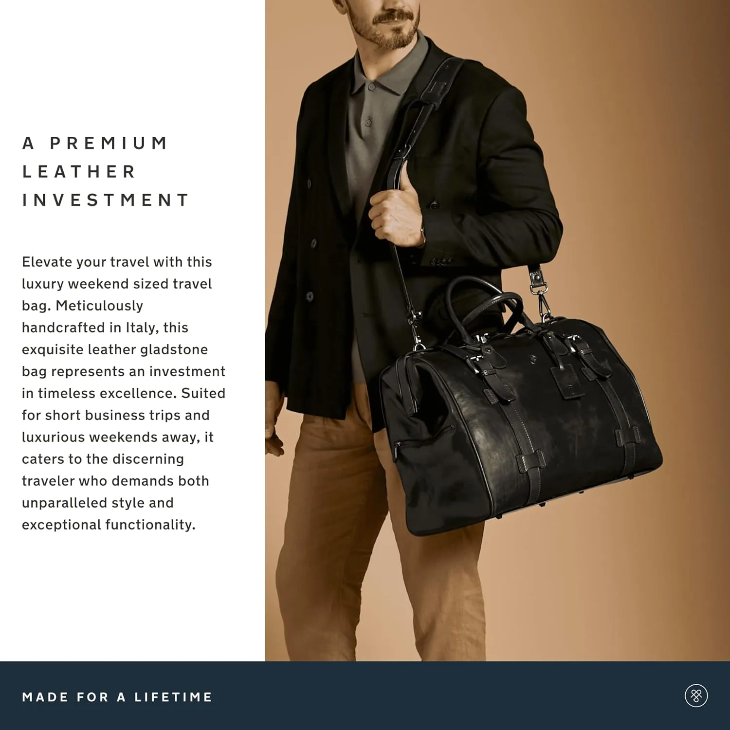 Maxwell Scott - Luxury Classic Leathe Gladstone Travel Bag with Key Lock and Double Buckle Strap - The Gassano Medium Black