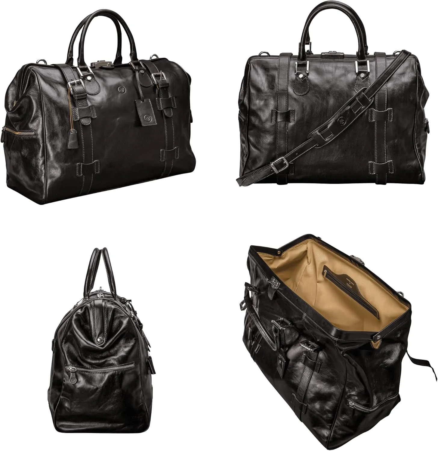 Maxwell Scott - Luxury Classic Leathe Gladstone Travel Bag with Key Lock and Double Buckle Strap - The Gassano Medium Black