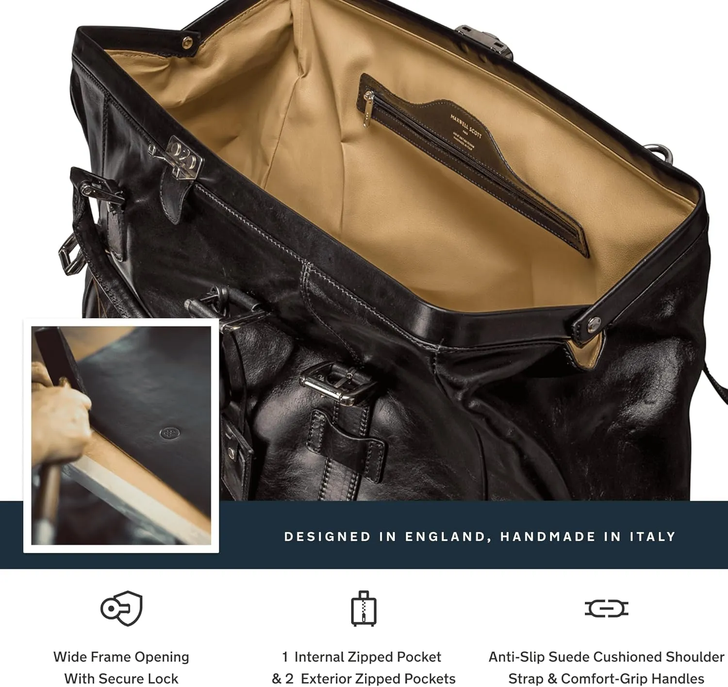 Maxwell Scott - Luxury Classic Leathe Gladstone Travel Bag with Key Lock and Double Buckle Strap - The Gassano Medium Black