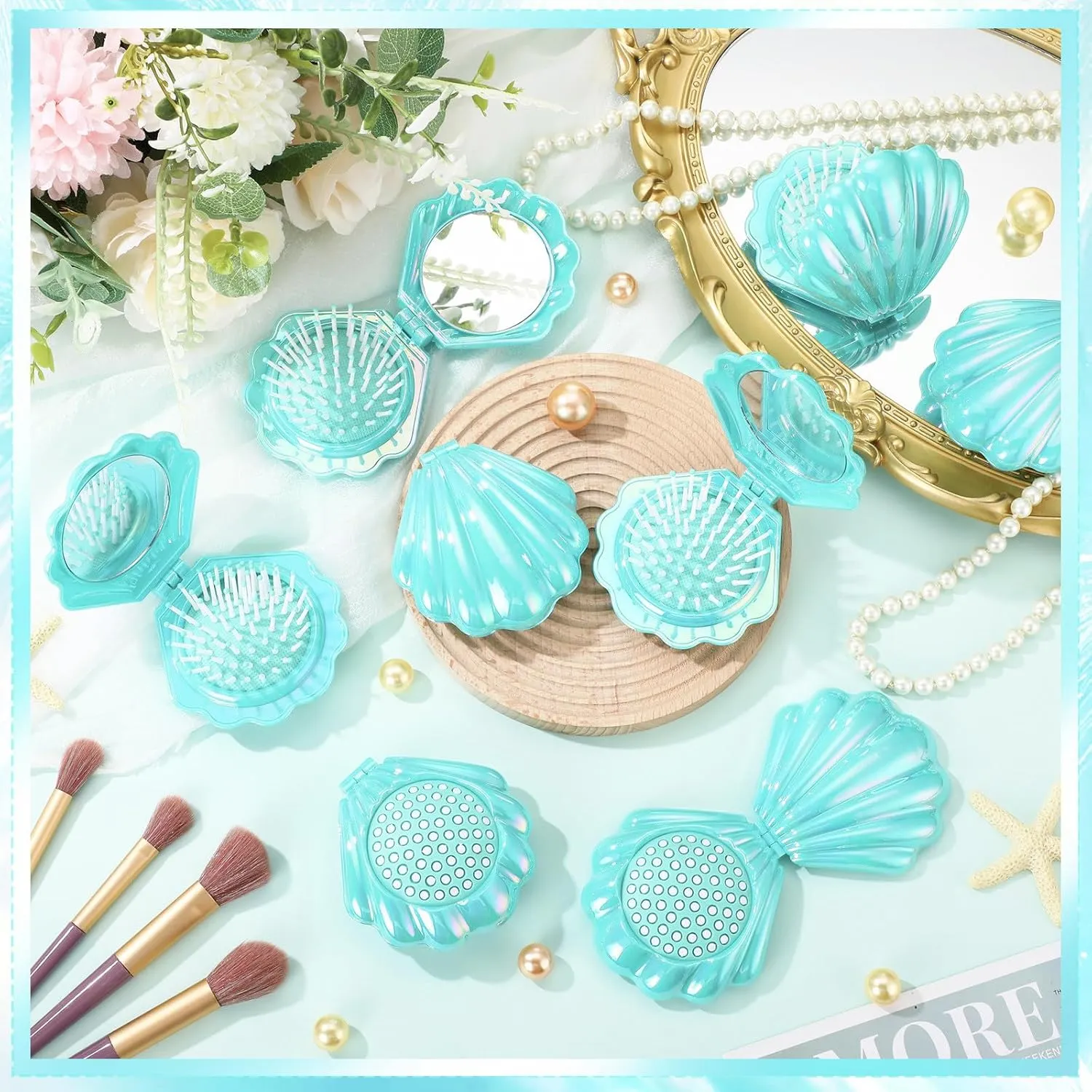 Meanplan 12 Pcs Mini Foldable Travel Hair Brush with Mirror Shell Shape Pocket Makeup Mirror Compact Hair Massage Comb Brush for Women Girls Hairstyles Bridal Shower Gift Party Supplies(Cyan)