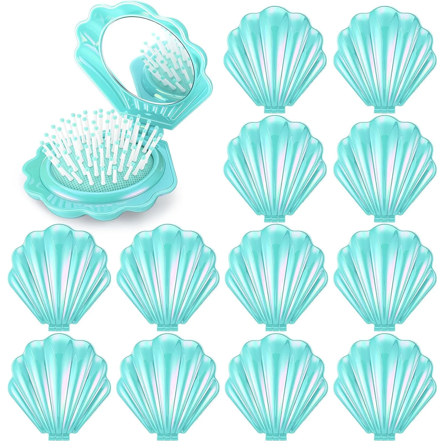 Meanplan 12 Pcs Mini Foldable Travel Hair Brush with Mirror Shell Shape Pocket Makeup Mirror Compact Hair Massage Comb Brush for Women Girls Hairstyles Bridal Shower Gift Party Supplies(Cyan)