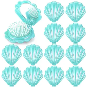 Meanplan 12 Pcs Mini Foldable Travel Hair Brush with Mirror Shell Shape Pocket Makeup Mirror Compact Hair Massage Comb Brush for Women Girls Hairstyles Bridal Shower Gift Party Supplies(Cyan)