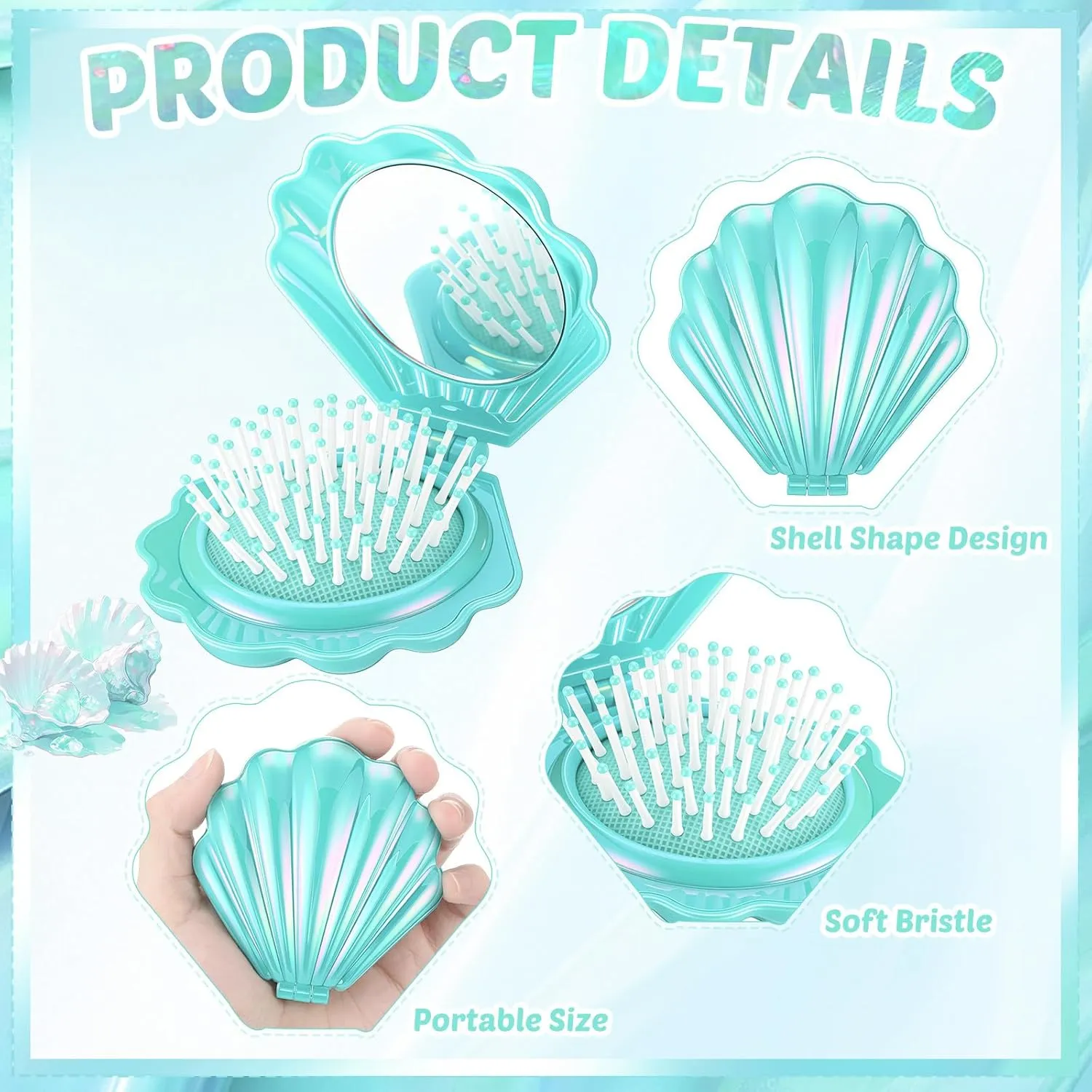Meanplan 12 Pcs Mini Foldable Travel Hair Brush with Mirror Shell Shape Pocket Makeup Mirror Compact Hair Massage Comb Brush for Women Girls Hairstyles Bridal Shower Gift Party Supplies(Cyan)