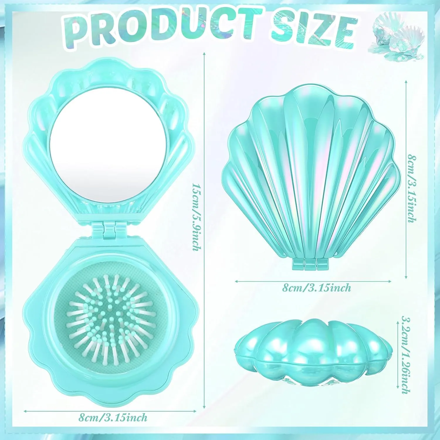 Meanplan 12 Pcs Mini Foldable Travel Hair Brush with Mirror Shell Shape Pocket Makeup Mirror Compact Hair Massage Comb Brush for Women Girls Hairstyles Bridal Shower Gift Party Supplies(Cyan)