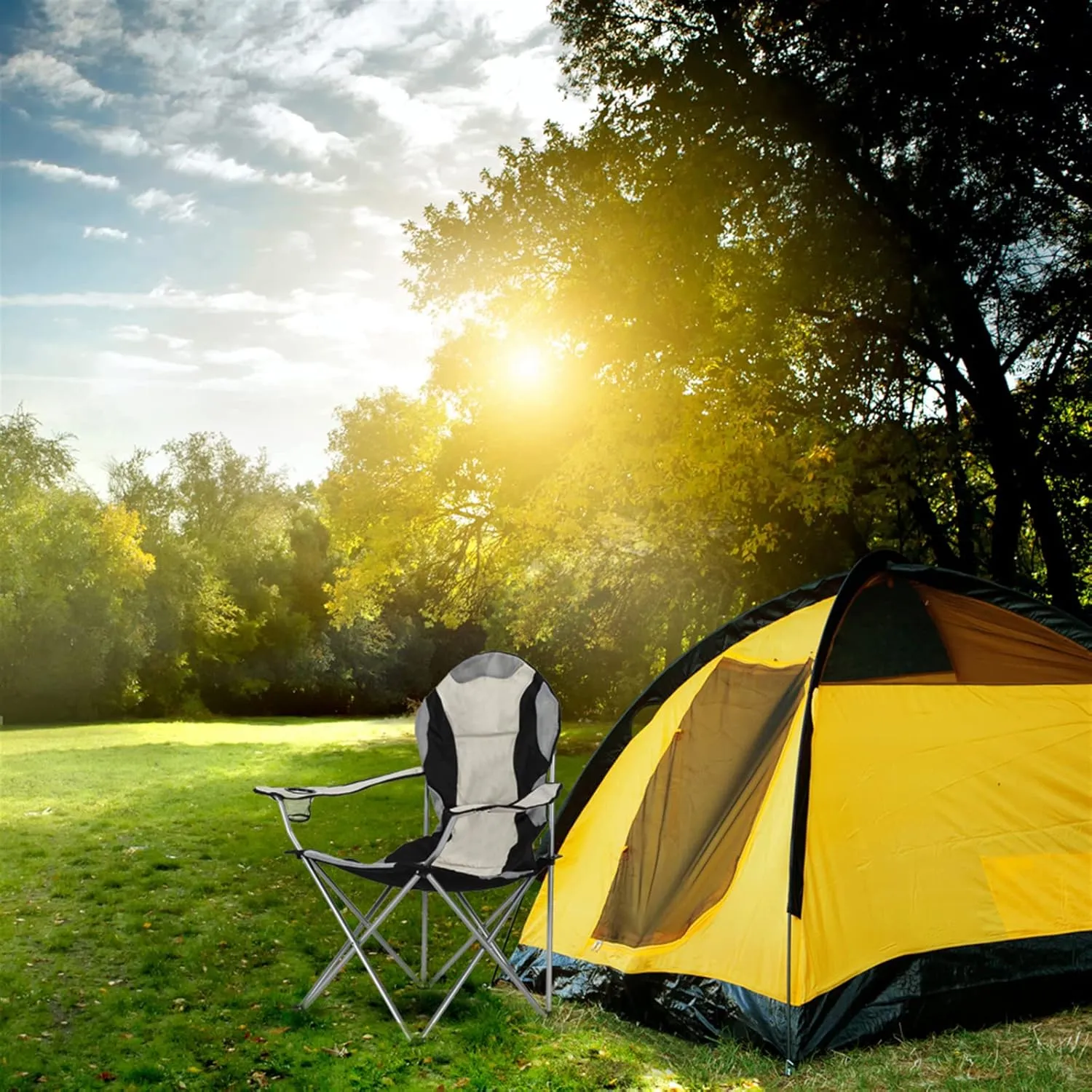 Medium Camping Chair Fishing Chair Folding Chair with Cup Holder and Carry Bag Heavy Duty Folding Beach Chair Portable Backpacking Chair, for Camping, Beach, Travel, Load Bearing: 330 lbs, Black Gray