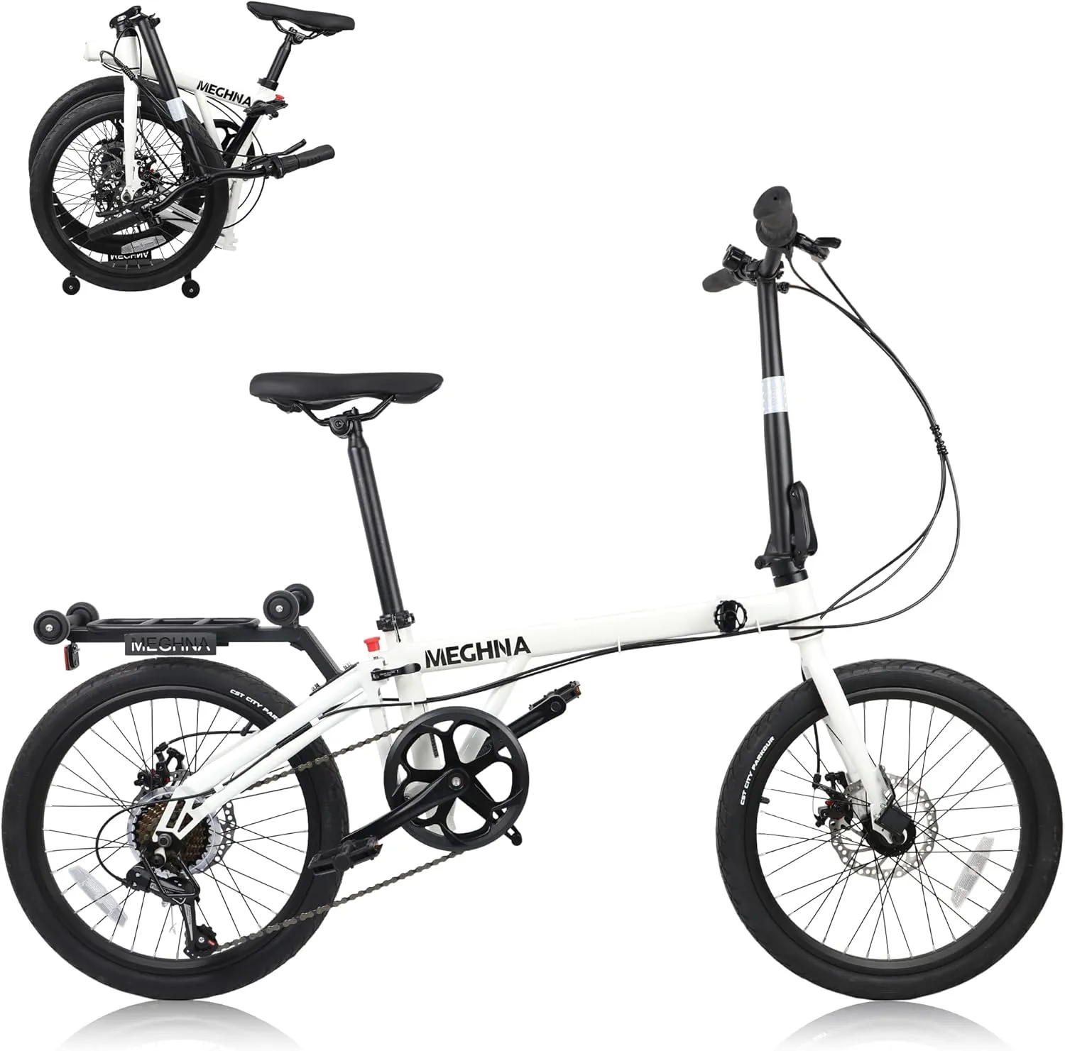 MEGHNA 20 inch Folding Bike Triple-Fold Commuter Bike 7 Speed Portable Folding Bicycle Dual Disc Brakes 20 x 1.75 inch Tire Flat Handlebar Bike with Cargo Rack, Multi - Colors (White/Blue/Green)