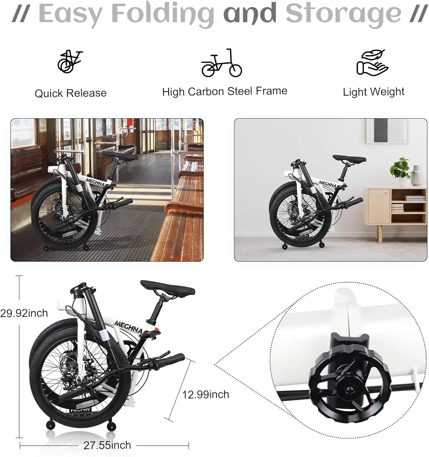 MEGHNA 20 inch Folding Bike Triple-Fold Commuter Bike 7 Speed Portable Folding Bicycle Dual Disc Brakes 20 x 1.75 inch Tire Flat Handlebar Bike with Cargo Rack, Multi - Colors (White/Blue/Green)