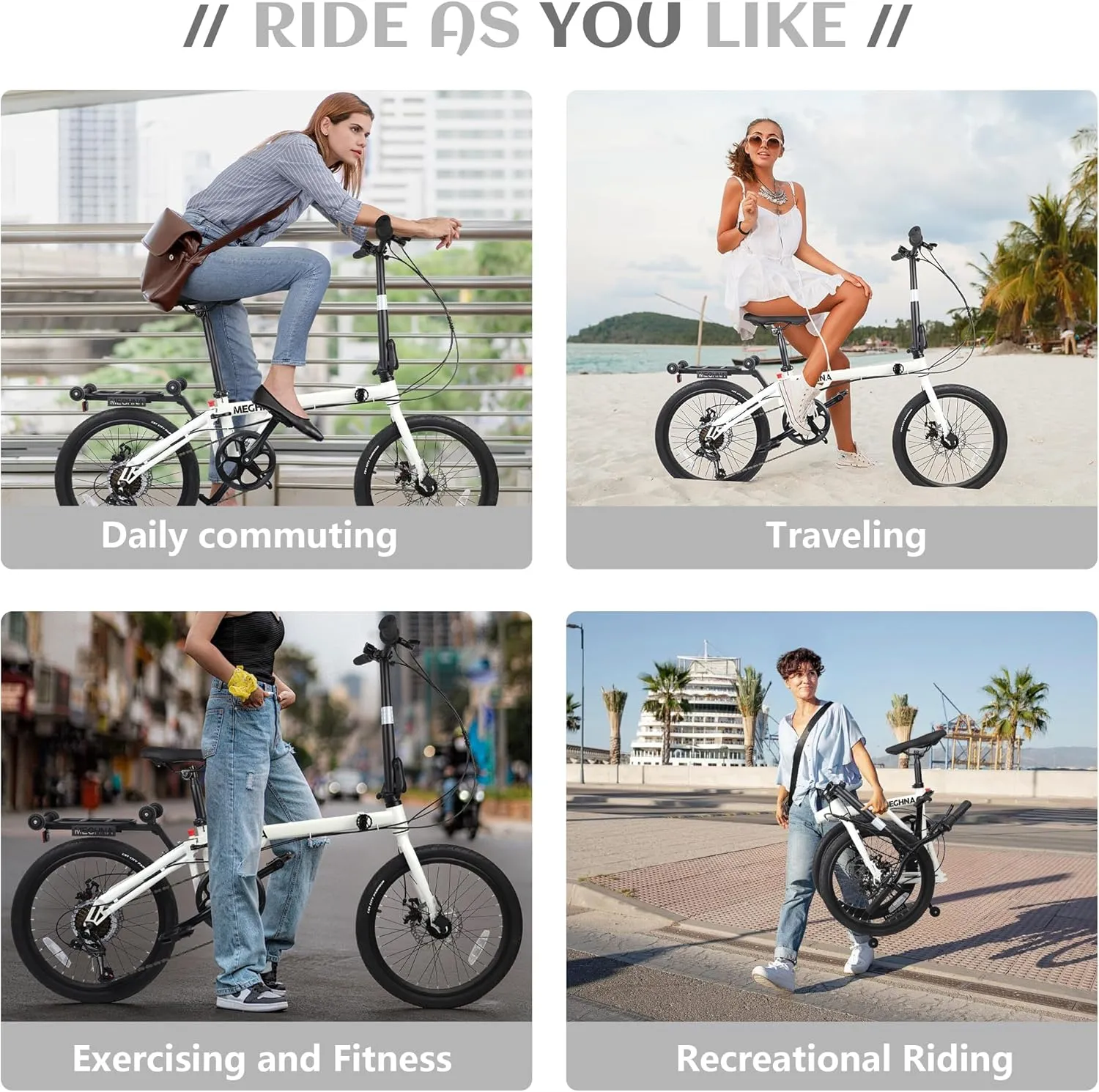 MEGHNA 20 inch Folding Bike Triple-Fold Commuter Bike 7 Speed Portable Folding Bicycle Dual Disc Brakes 20 x 1.75 inch Tire Flat Handlebar Bike with Cargo Rack, Multi - Colors (White/Blue/Green)