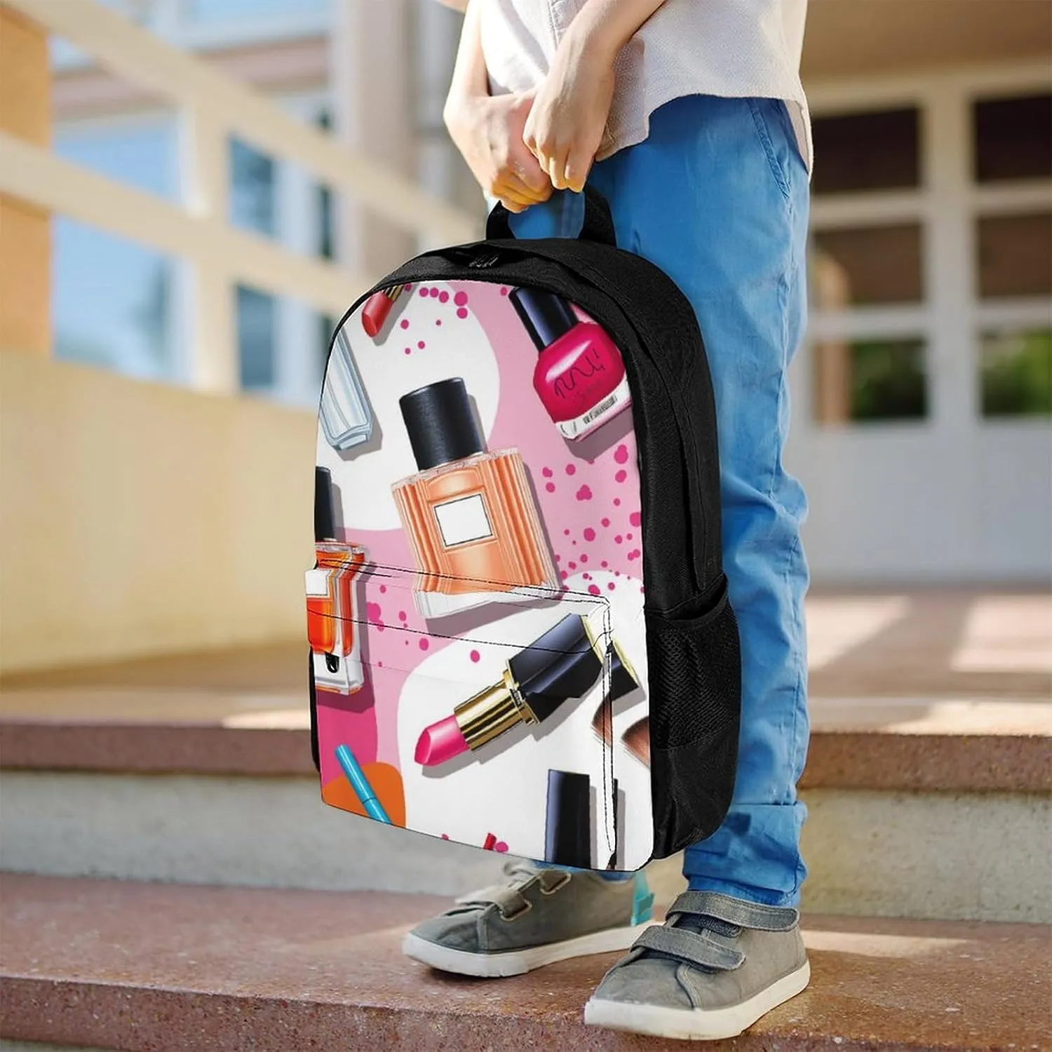 Men Women Polyester Modern Lady Cosmetic Perfume Lipstick Art Daypack Big Capacity Shoulder Bag With Adjustable Shoulder Straps for Camping Travel Walking Cycling