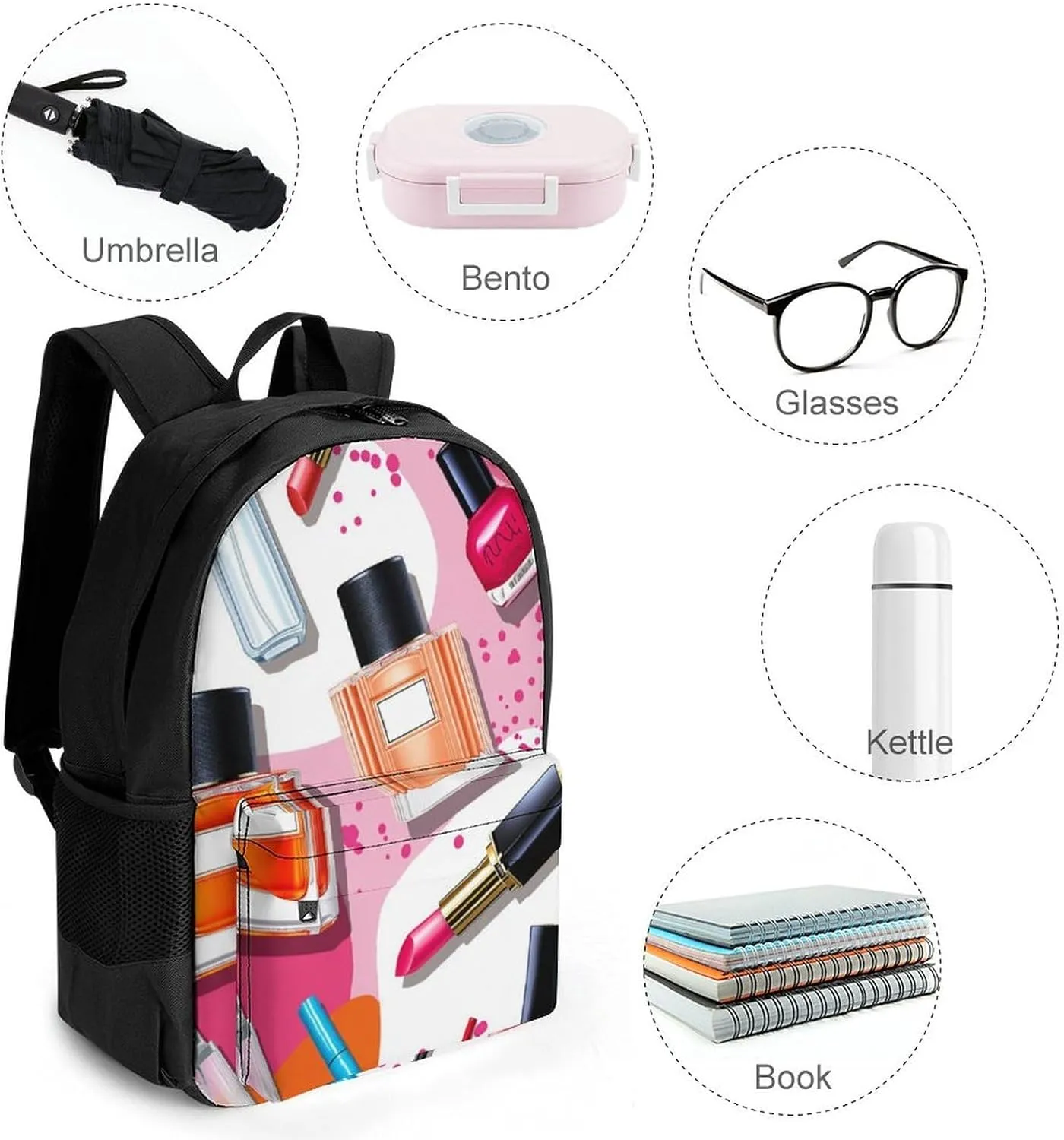 Men Women Polyester Modern Lady Cosmetic Perfume Lipstick Art Daypack Big Capacity Shoulder Bag With Adjustable Shoulder Straps for Camping Travel Walking Cycling
