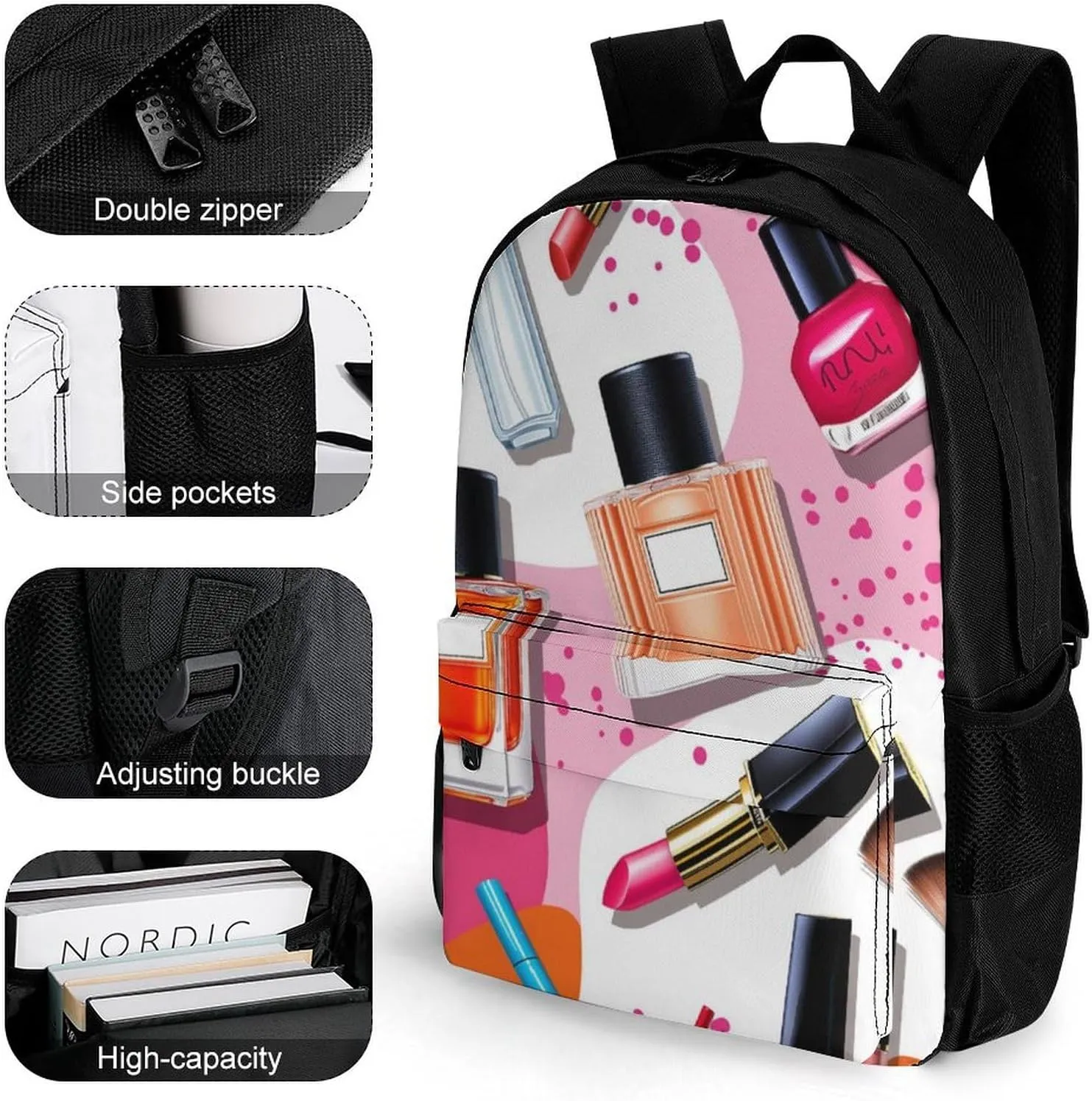 Men Women Polyester Modern Lady Cosmetic Perfume Lipstick Art Daypack Big Capacity Shoulder Bag With Adjustable Shoulder Straps for Camping Travel Walking Cycling