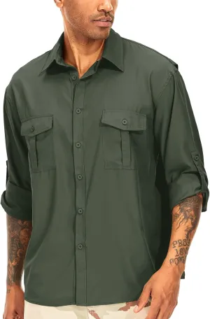 Men's Long Sleeve Safari Shirts UPF 50  Lightweight Quick Dry Cooling, Hiking Fishing UV Sun Protection Shirts（5065 Army Green 3XL）