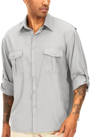 Men's Long Sleeve Safari Shirts UPF 50  Lightweight Quick Dry Cooling, Hiking Fishing UV Sun Protection Shirts（5065 Light Gray XL）