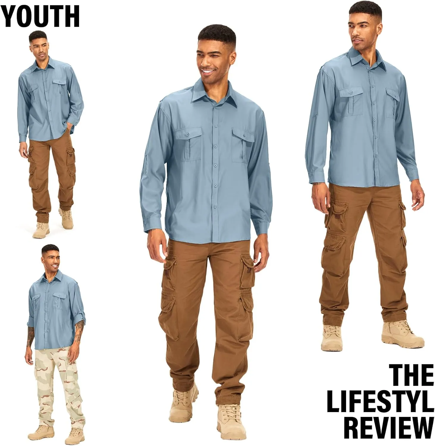 Men's Long Sleeve Safari Shirts UPF 50  Lightweight Quick Dry Cooling, Hiking Fishing UV Sun Protection Shirts