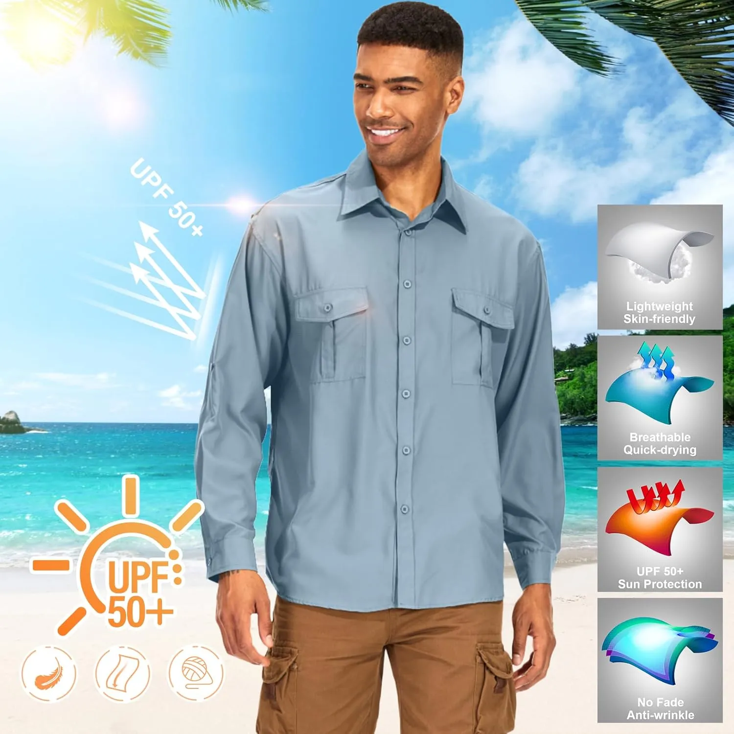 Men's Long Sleeve Safari Shirts UPF 50  Lightweight Quick Dry Cooling, Hiking Fishing UV Sun Protection Shirts