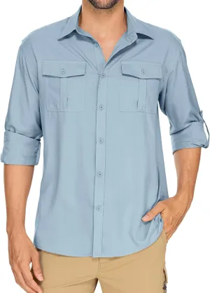 Men's Long Sleeve Safari Shirts UPF 50  Lightweight Quick Dry Cooling, Hiking Fishing UV Sun Protection Shirts