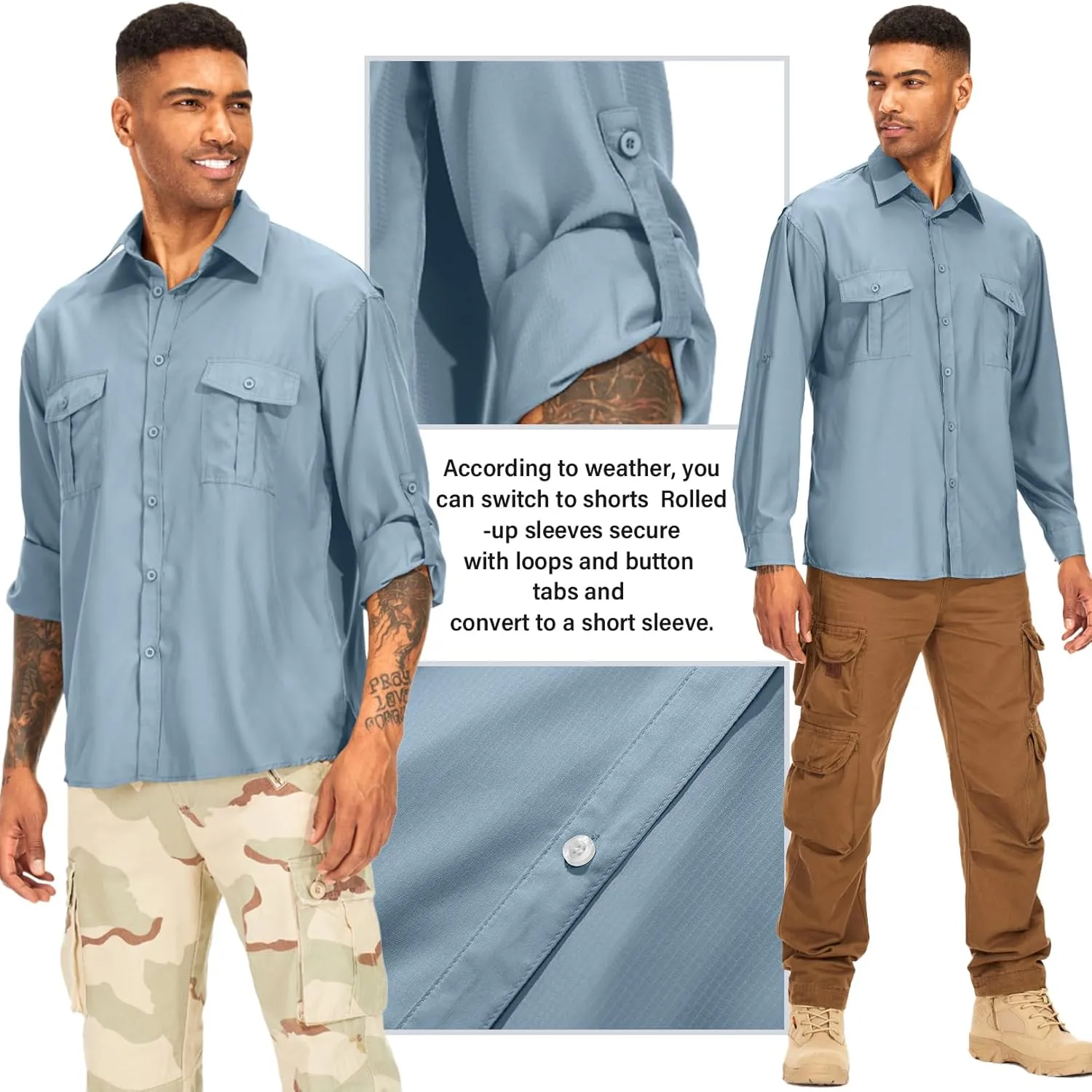 Men's Long Sleeve Safari Shirts UPF 50  Lightweight Quick Dry Cooling, Hiking Fishing UV Sun Protection Shirts