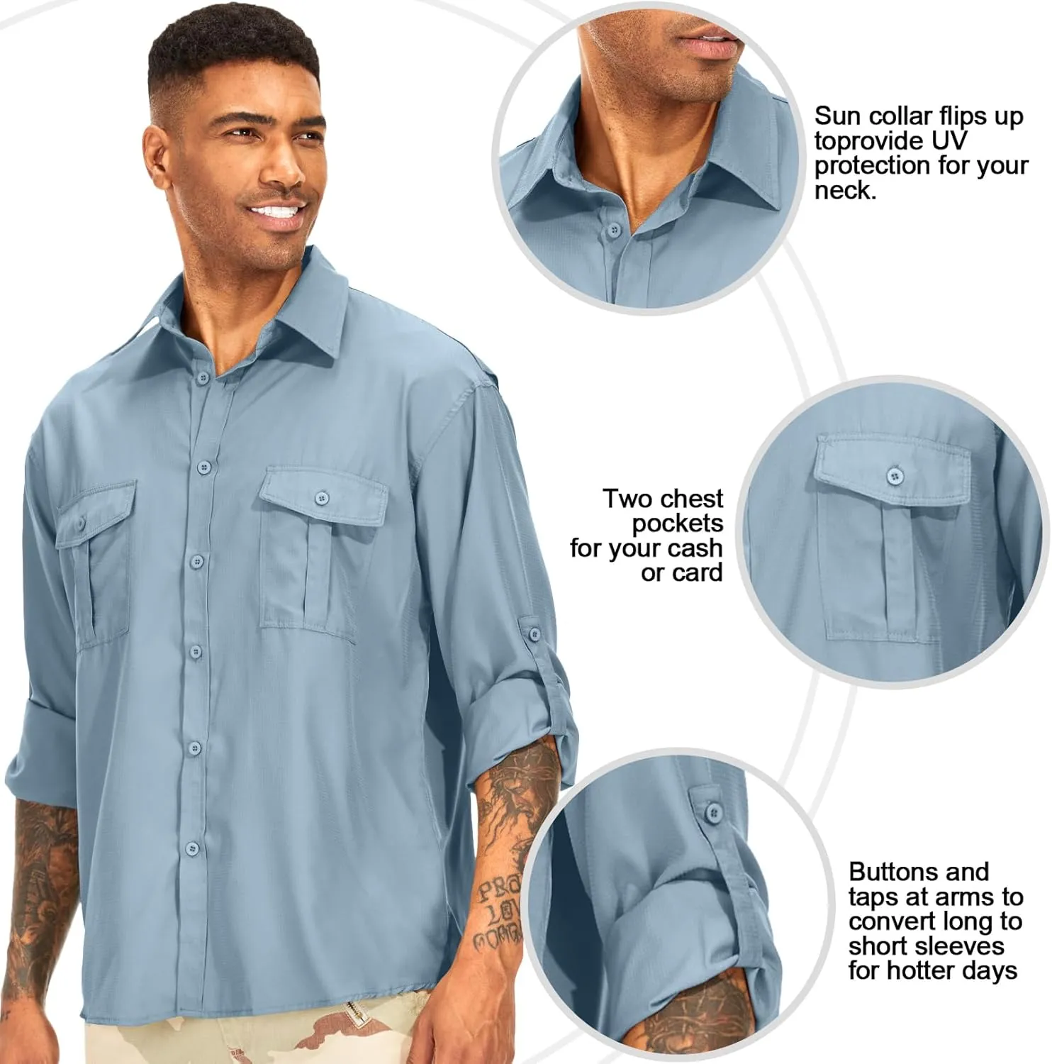 Men's Long Sleeve Safari Shirts UPF 50  Lightweight Quick Dry Cooling, Hiking Fishing UV Sun Protection Shirts