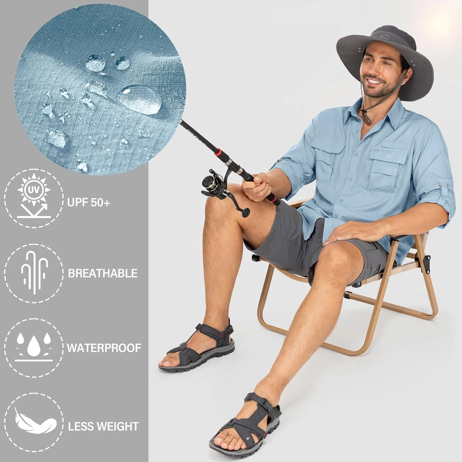 Mens Safari Shirts Long Sleeve UV Protection Hiking Fishing UPF 50  Quick Dry Camping Travel Shirts
