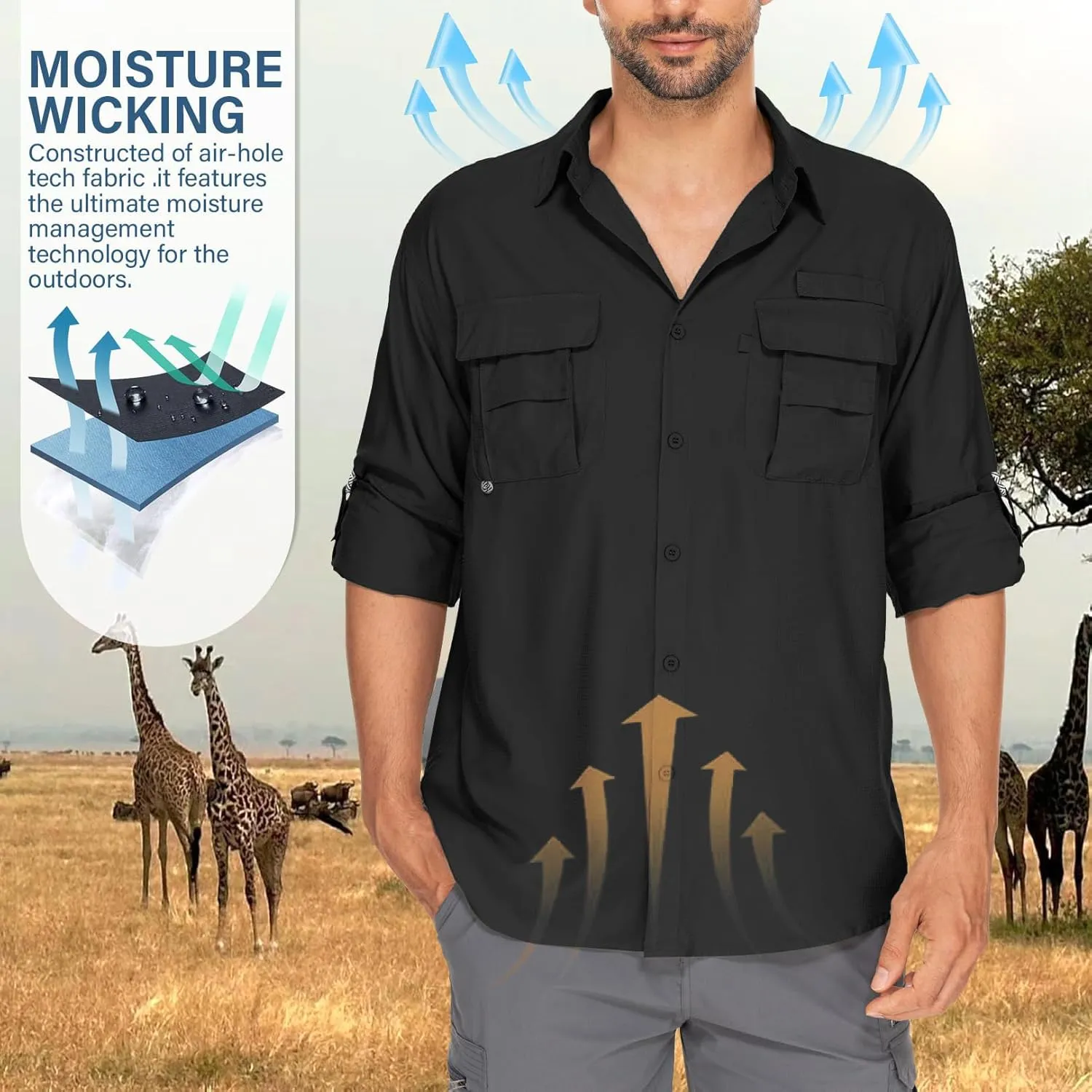 Mens Safari Shirts Long Sleeve UV Protection Hiking Fishing UPF 50  Quick Dry Camping Travel Shirts