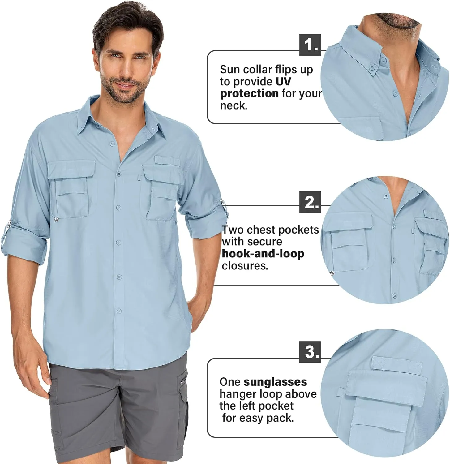 Mens Safari Shirts Long Sleeve UV Protection Hiking Fishing UPF 50  Quick Dry Camping Travel Shirts