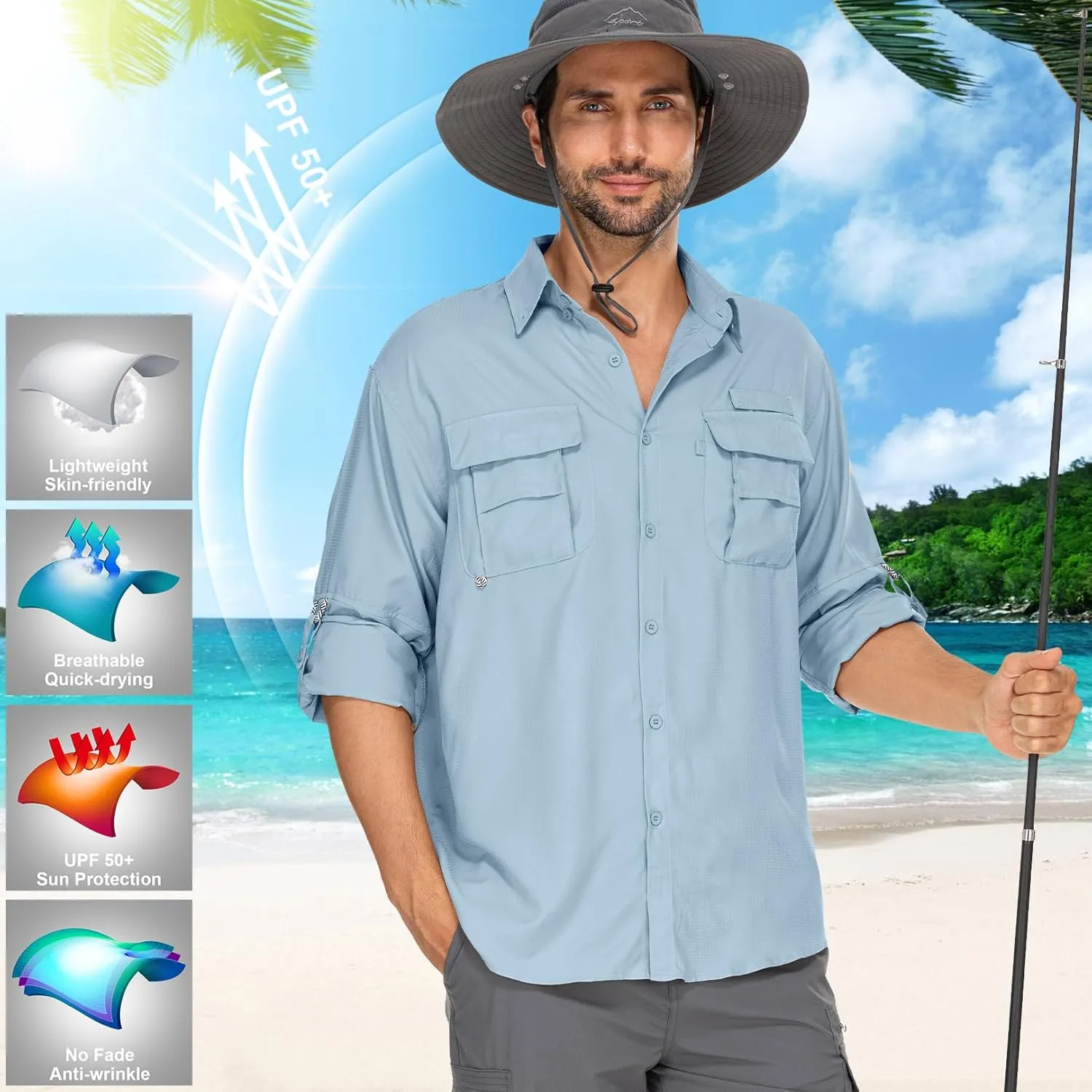 Mens Safari Shirts Long Sleeve UV Protection Hiking Fishing UPF 50  Quick Dry Camping Travel Shirts