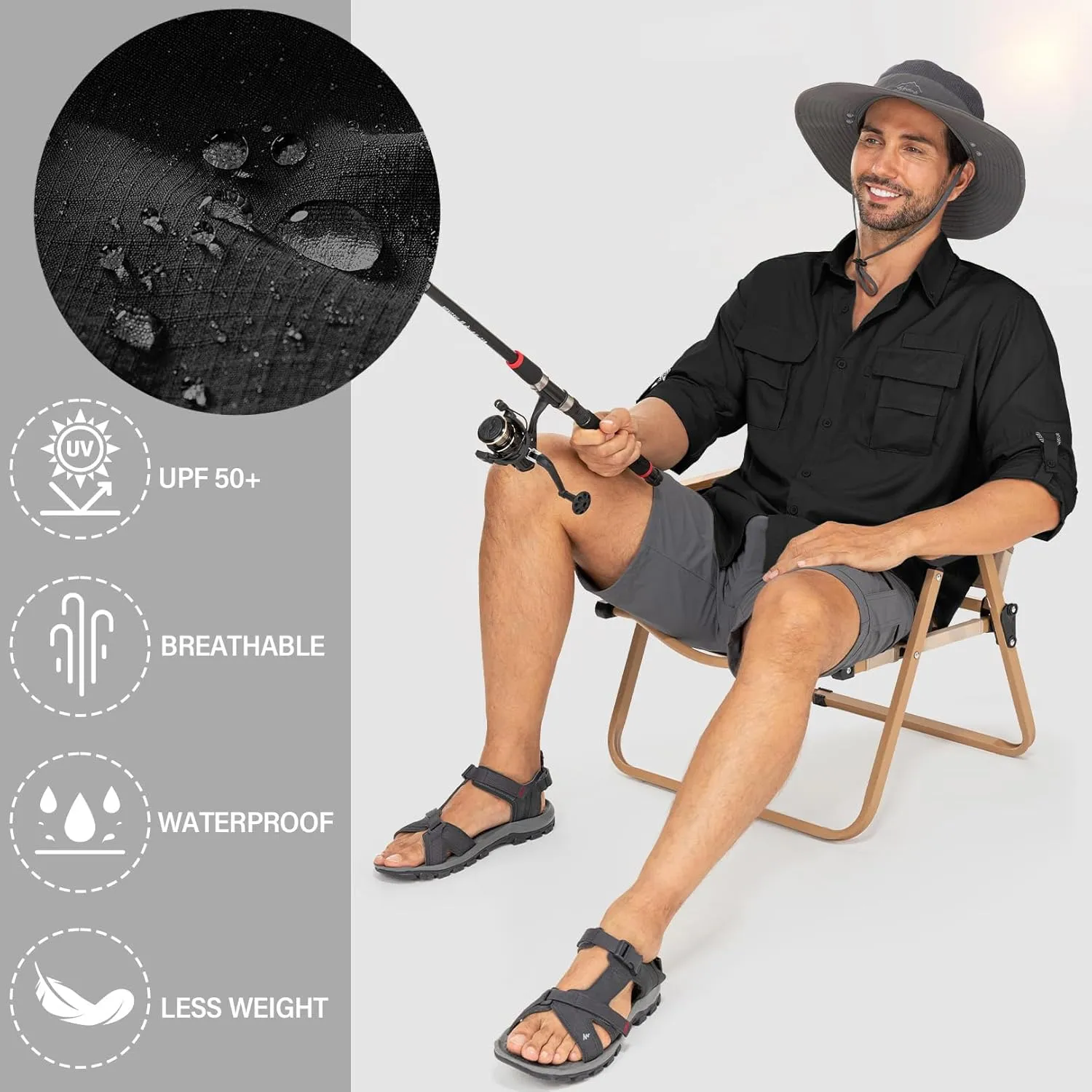 Mens Safari Shirts Long Sleeve UV Protection Hiking Fishing UPF 50  Quick Dry Camping Travel Shirts