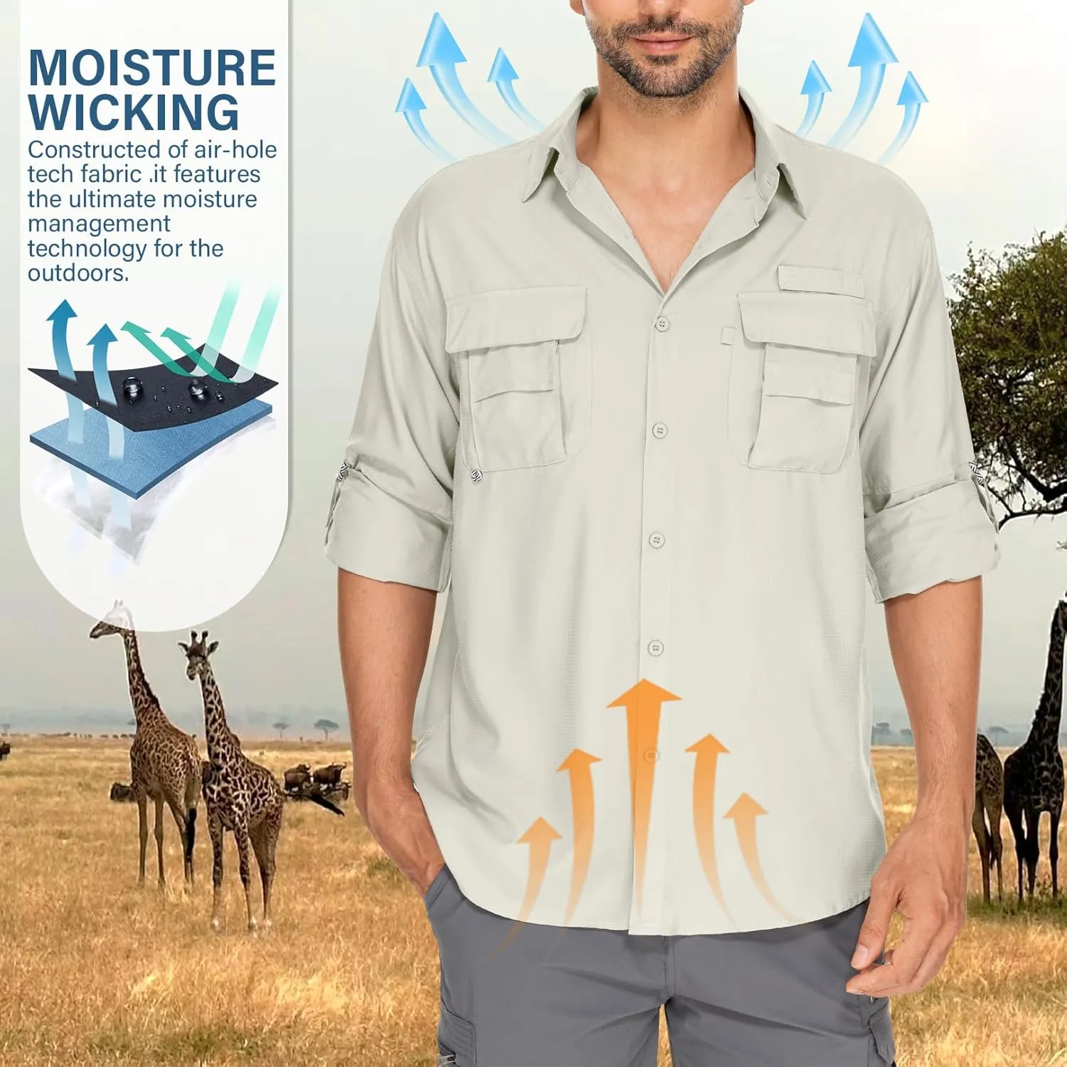 Mens Safari Shirts Long Sleeve UV Protection Hiking Fishing UPF 50  Quick Dry Camping Travel Shirts