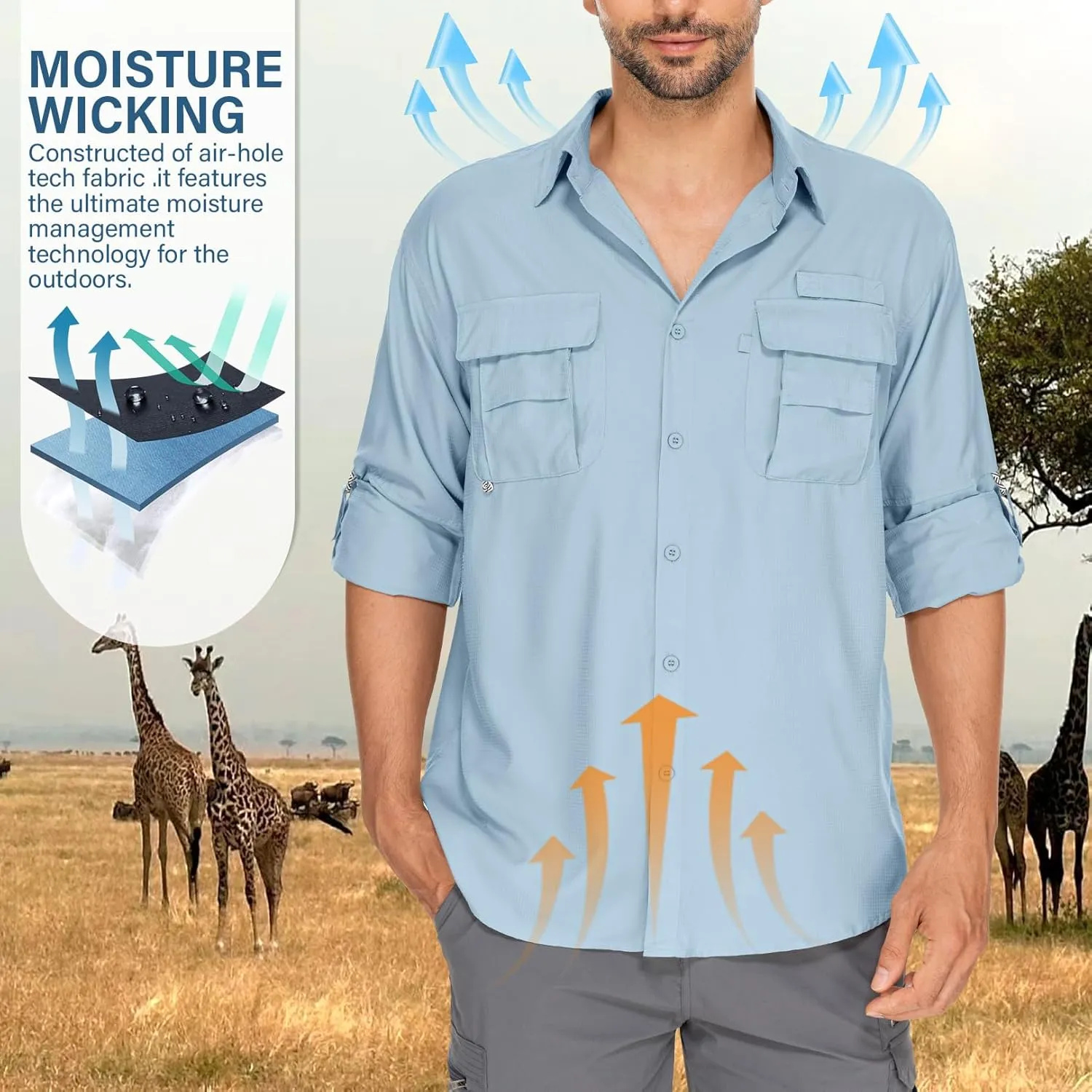 Mens Safari Shirts Long Sleeve UV Protection Hiking Fishing UPF 50  Quick Dry Camping Travel Shirts