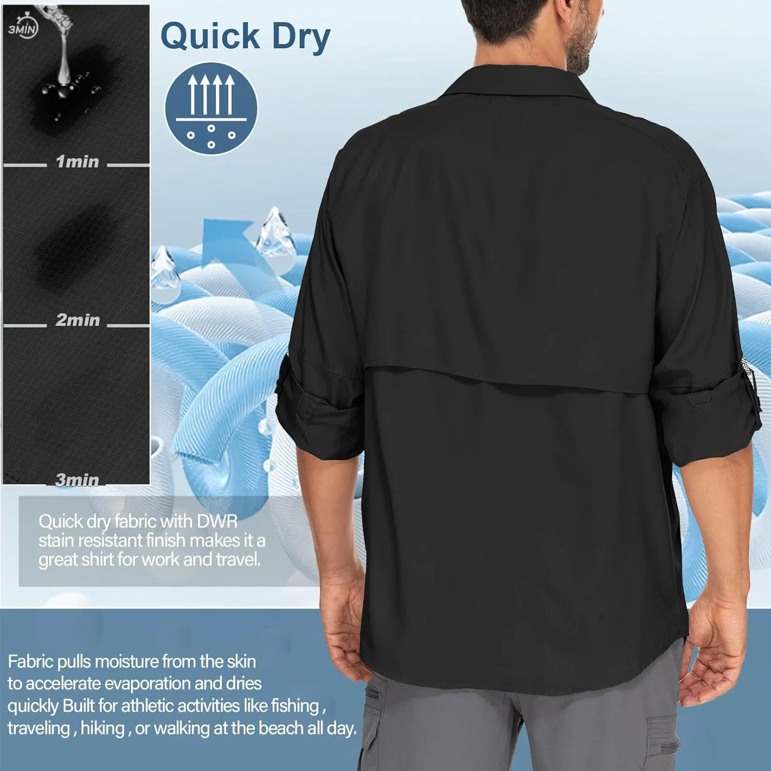 Mens Safari Shirts Long Sleeve UV Protection Hiking Fishing UPF 50  Quick Dry Camping Travel Shirts