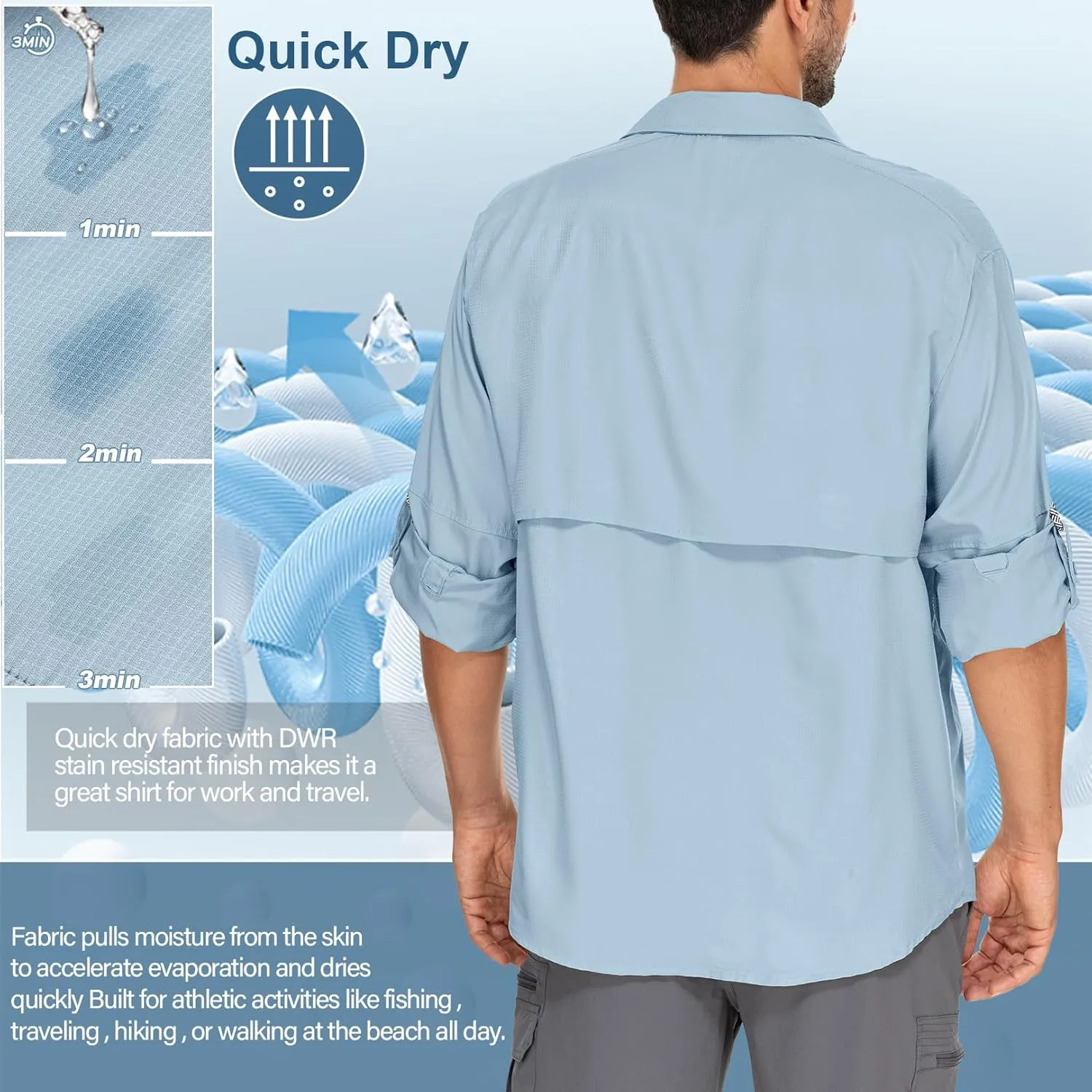 Mens Safari Shirts Long Sleeve UV Protection Hiking Fishing UPF 50  Quick Dry Camping Travel Shirts