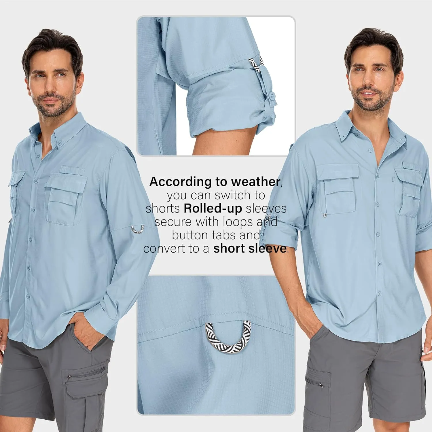 Mens Safari Shirts Long Sleeve UV Protection Hiking Fishing UPF 50  Quick Dry Camping Travel Shirts