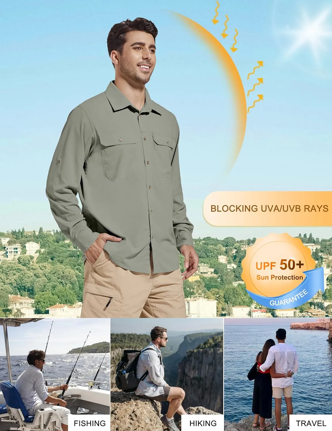 Men's Sun Protection Fishing Hiking Shirts UPF 50  UV Long Sleeve Lightweight Breathable Quick Dry Travel Work Shirt