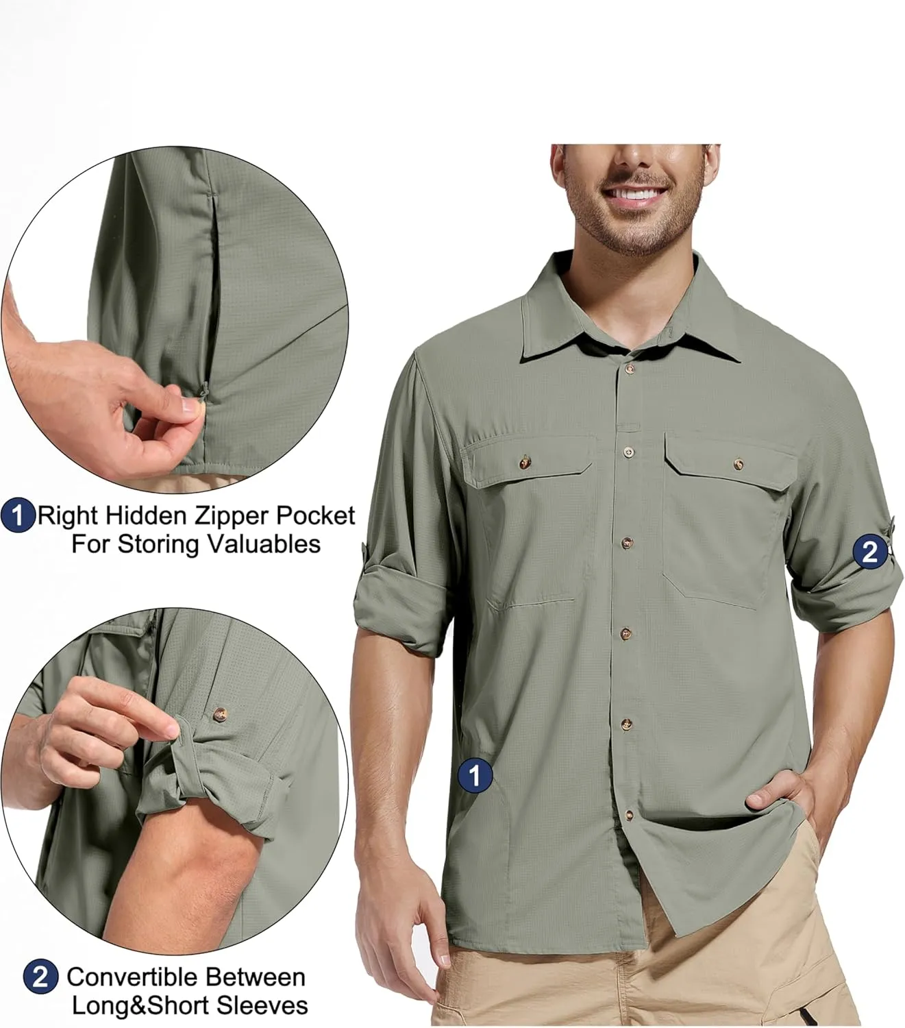 Men's Sun Protection Fishing Hiking Shirts UPF 50  UV Long Sleeve Lightweight Breathable Quick Dry Travel Work Shirt