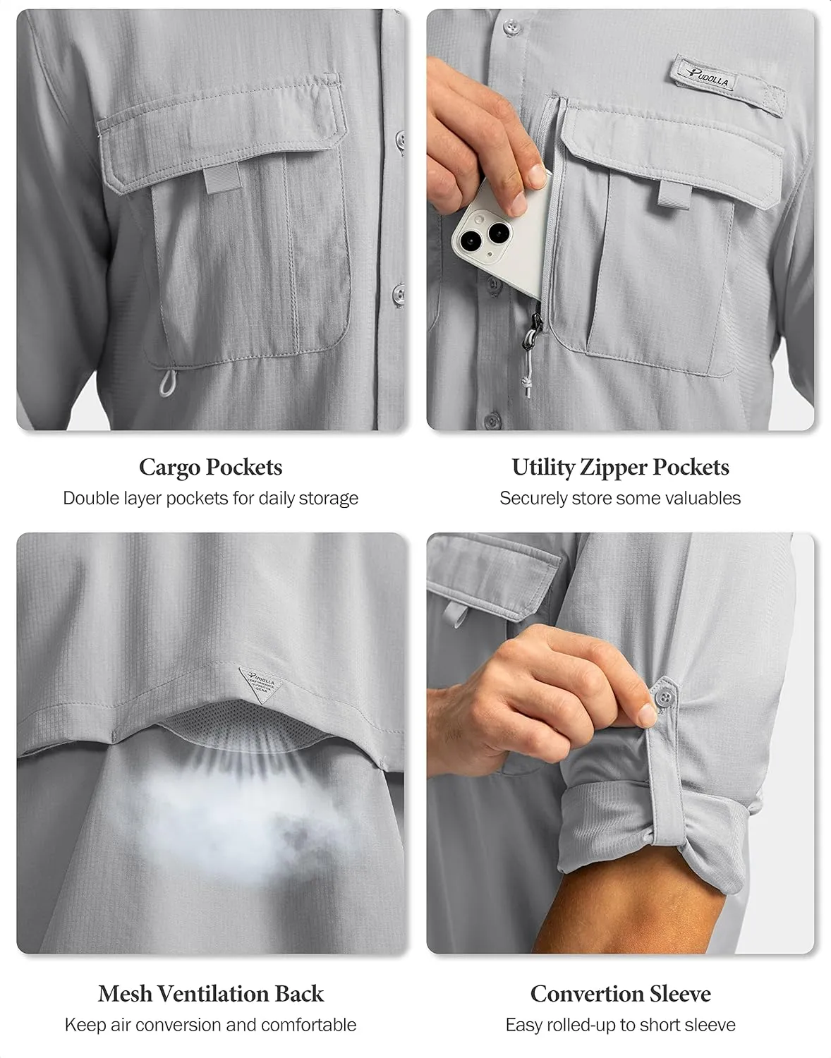 Men's Sun Protection Fishing Shirts Long Sleeve Travel Work Shirts for Men UPF50  Button Down Shirts with Zipper Pockets