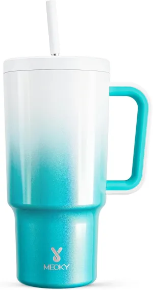 Meoky 30 oz Tumbler with Handle, Tumbler with Lid and Straw, Insulated Stainless Steel Travel Mug, 100% Leak-proof, Cupholder Friendly, Keeps Cold for 24 Hours or Hot for 8 Hours (Azure)