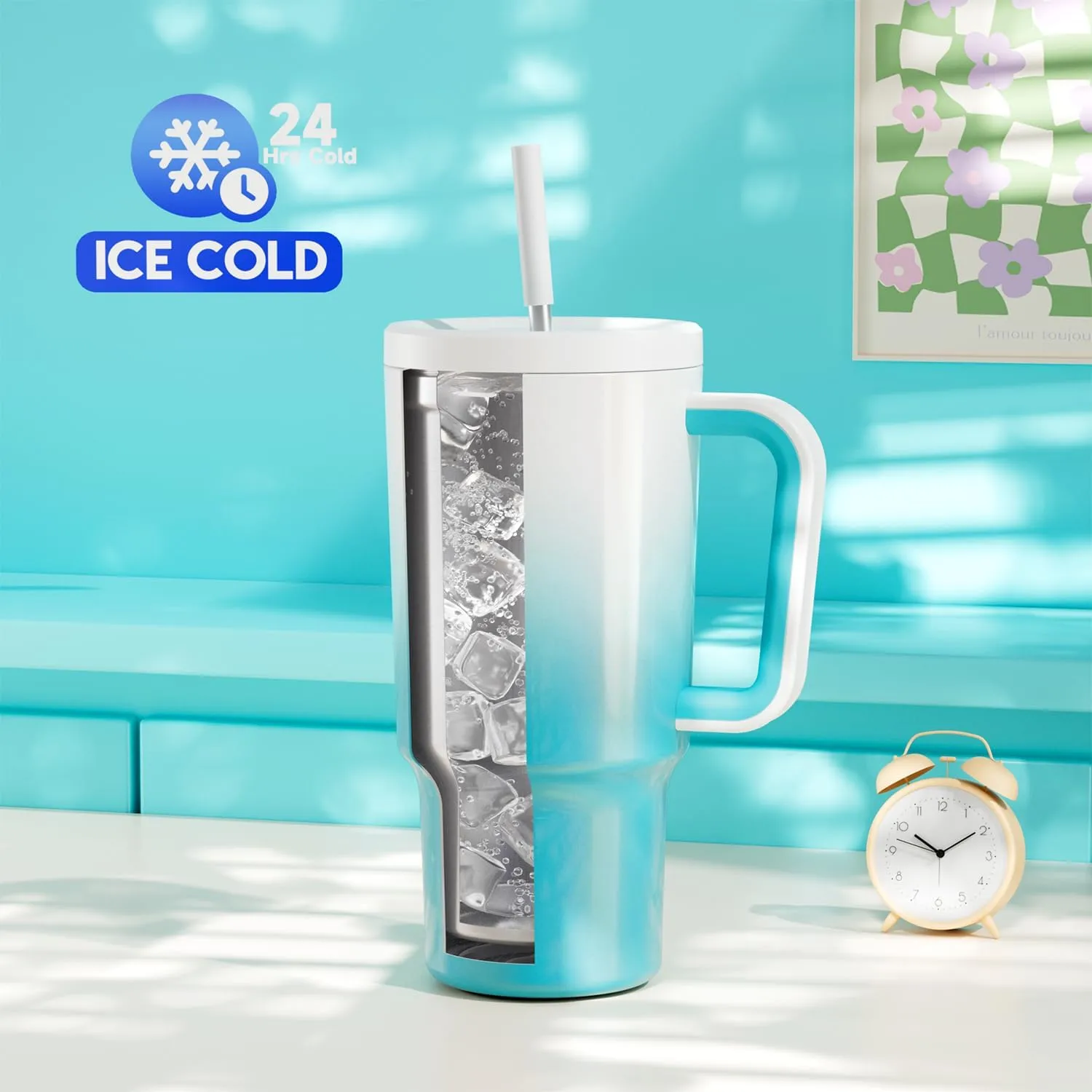Meoky 30 oz Tumbler with Handle, Tumbler with Lid and Straw, Insulated Stainless Steel Travel Mug, 100% Leak-proof, Cupholder Friendly, Keeps Cold for 24 Hours or Hot for 8 Hours (Azure)