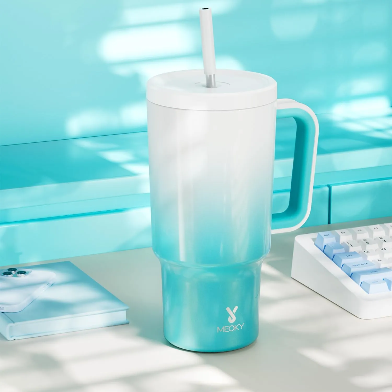 Meoky 30 oz Tumbler with Handle, Tumbler with Lid and Straw, Insulated Stainless Steel Travel Mug, 100% Leak-proof, Cupholder Friendly, Keeps Cold for 24 Hours or Hot for 8 Hours (Azure)