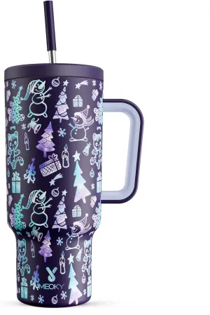 Meoky 40 oz Christmas Tumbler with Handle and Straw, Xmas Tumbler with Lid and Straw, Insulated Stainless Steel Travel Mug, 100% Leak-proof, Keeps Cold for 34 Hours (Christmas Tree)