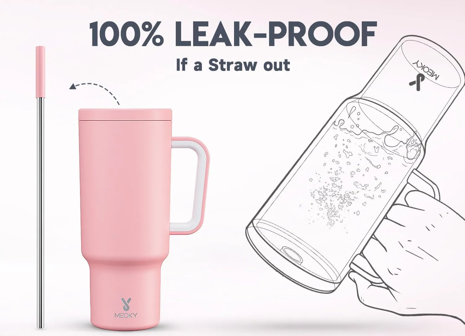 Meoky 40 oz Tumbler with Handle and Straw, Tumbler with Lid and Straw, Insulated Stainless Steel Travel Mug, 100% Leak-proof, Keeps Cold for 34 Hours or Hot for 10 Hours (Blush)