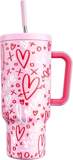 Meoky 40 oz Tumbler with Handle and Straw, Valentines Day Tumbler with Lid and Straw, Insulated Stainless Steel Travel Mug, 100% Leak-proof, Keeps Cold for 34 Hours or Hot for 10 Hours (Fancy)